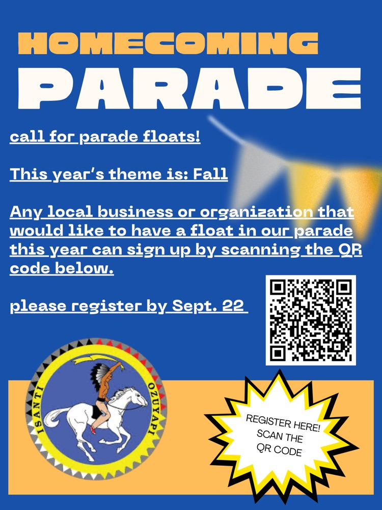 homecoming parade post with a QR code to scan to register