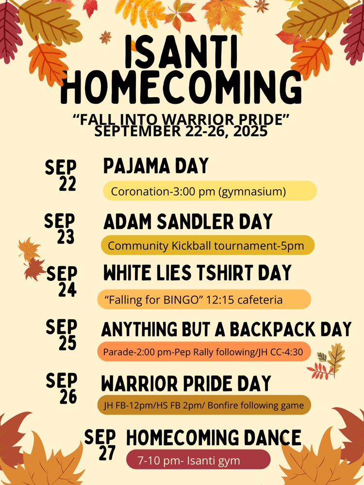 fall poster with homecoming events August 22-27, 2025
