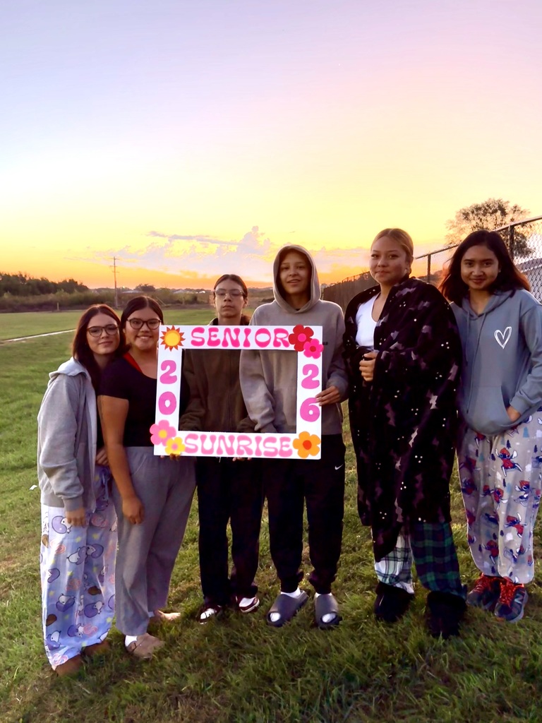 Six members of the senior class holding a frame that reads, "Senior Sunrise 2026"