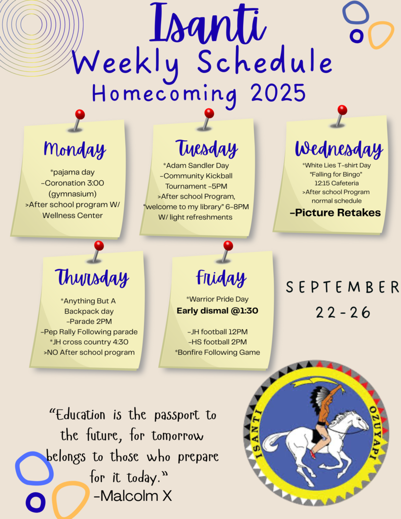 An infographic for Isanti Weekly Schedule for Homecoming 2025. It shows a schedule for the week of September 22–26, 2025. The days of the week, Monday through Friday, are each written on a piece of paper pinned to the top of the image. The schedule for each day is listed beneath the day of the week.  Monday is listed as "pajama day," "Coronation 3:00 (gymnasium)," and ">After school program W/ Wellness Center."  Tuesday is listed as "Adam Sandler Day," "Community Kickball Tournament -5PM," and ">After school Program, Welcome to my library" 6-8PM W/ light refreshments."  Wednesday is listed as "White Lies T-shirt Day," "Failing for Birds" 12-1:30 auditorium," ">After school Program normal schedule," and "-Picture Retakes."  Thursday is listed as "Anything But A Backpack day," "-Parade 2PM," "-Pep Rally Following parade," "-JH cross country 4:30," and ">NO After school program."  Friday is listed as "Warrior Pride Day," with the important note "Early dismissal @1:30," and "-JH football 12PM," "-HS football 2PM," and "-Bonfire Following Game."  Below the schedule, there is a quote attributed to Malcolm X that reads, "Education is the passport to the future, for tomorrow belongs to those who prepare for it today."