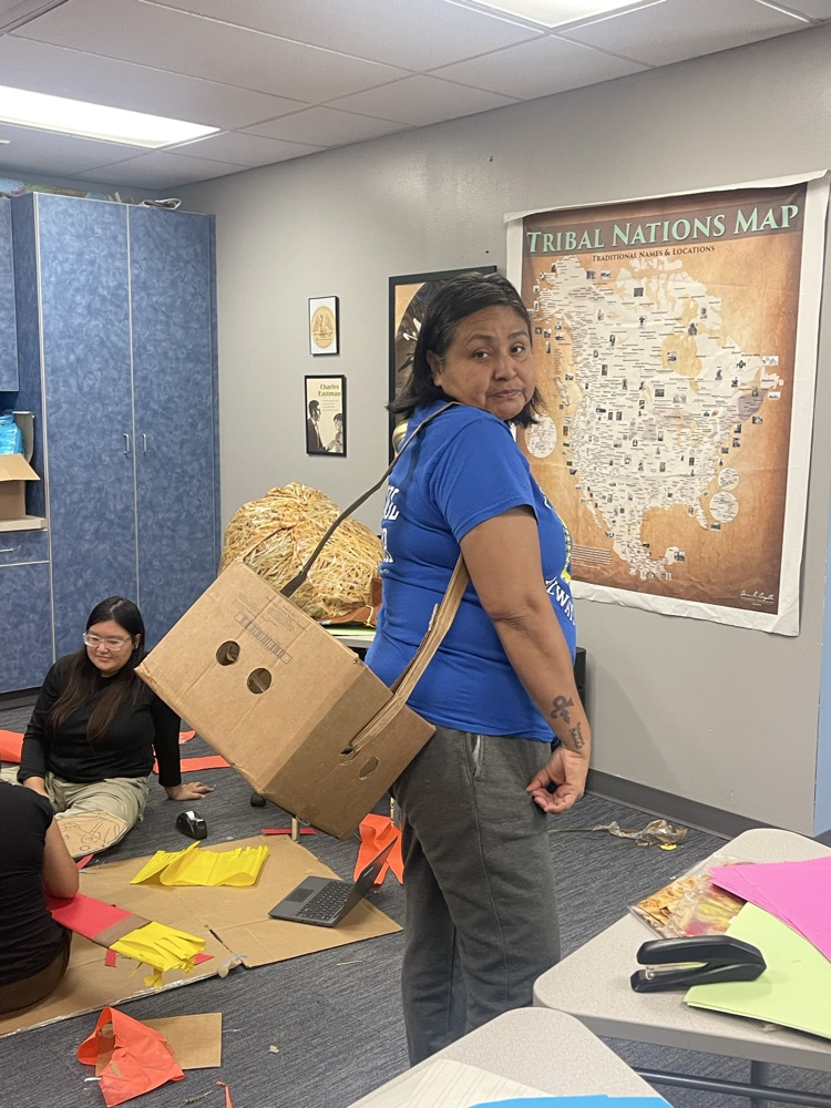 teacher with her home made box bag 
