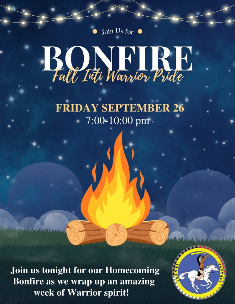 picture of a bonfire with stars in the background advertising our bonfire for tonight 9/26 from 7-10pm