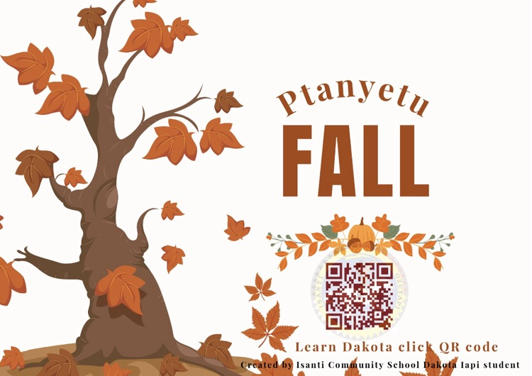 picture of a bare tree with falling leaves advertising the Dakota word for “fall"