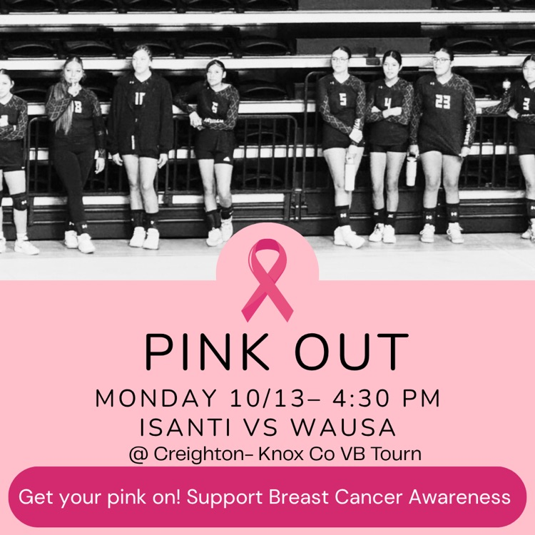 black and white image of the volleyball team with a pink box and pink ribbon advertising breast cancer awareness 10/13/25 At the volleyball tournament at 4:30pm