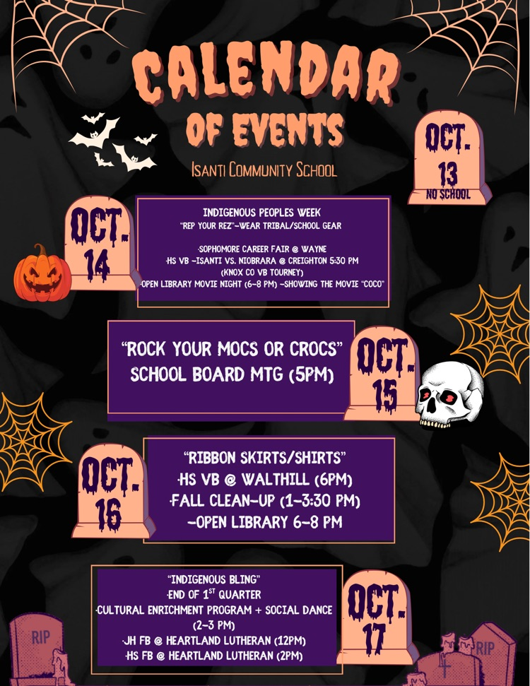 black and orange Halloween post with skulls, pumpkins, grave yards posting our calendar of events for the week.