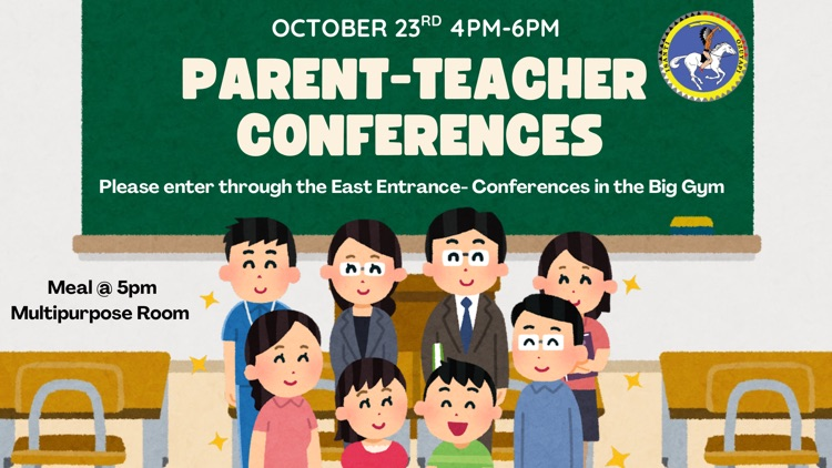cartoon picture of a teacher and students standing in front of a green chalkboard for parent teacher conferences