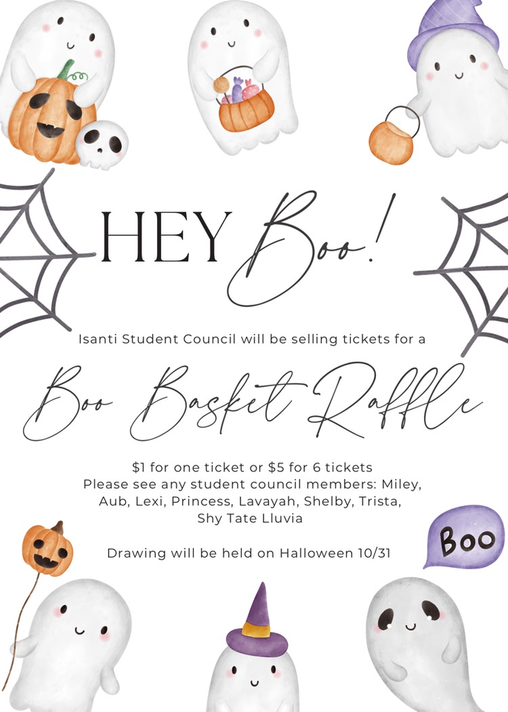 white poster with ghosts on it advertising a boo basket raffle