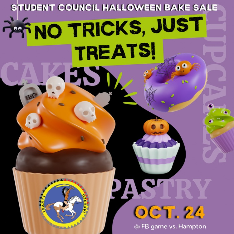 Halloween baked goods on a poster with pumpkins and cupcakes for a Halloween bake sale
