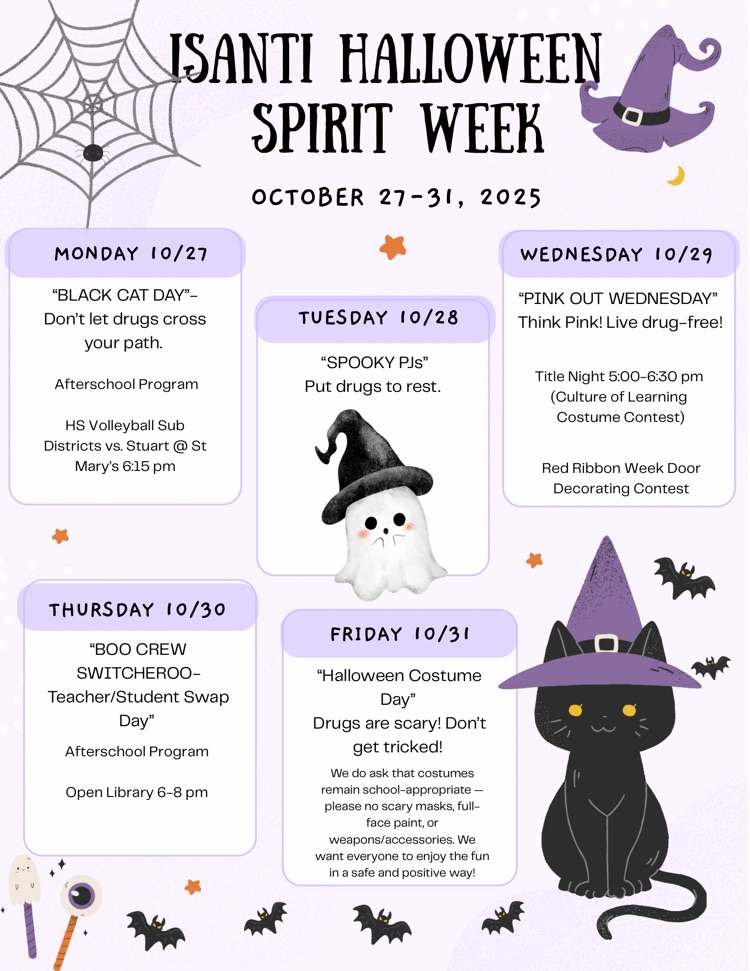 white poster with a black cat, ghost, spider web and witches hat promoting red ribbon week and dress up days for the whole week.