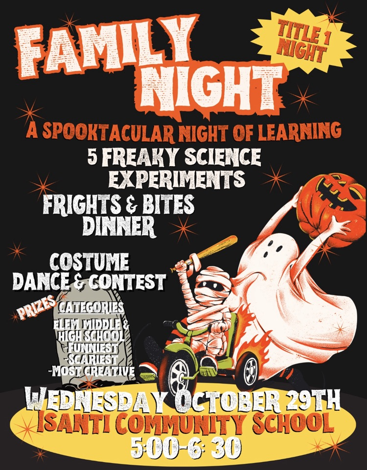 black Halloween poster with a ghost and pumpkins advertising title night and costume contest 10/29/25.