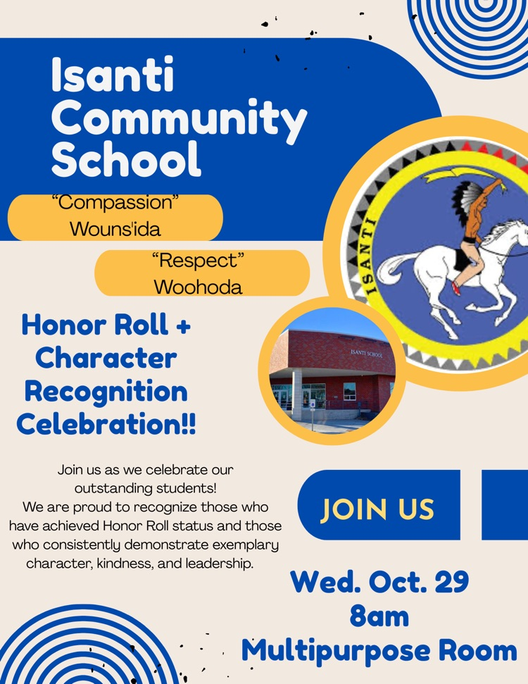 blue and yellow poster with our white horse school logo advertising the honor roll and character recognition ceremony