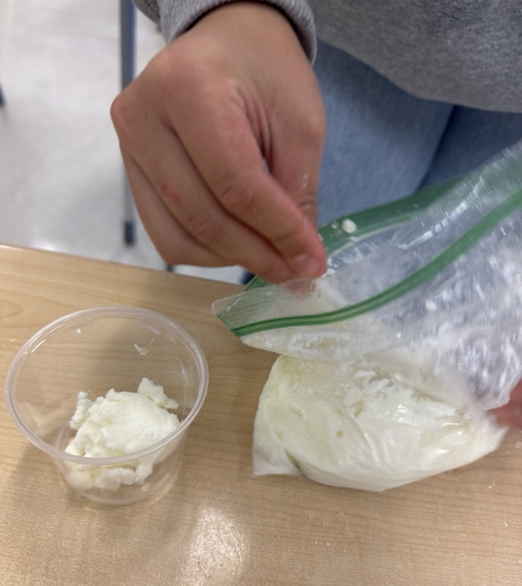 picture of a students hand mixing ingredients to make ice cream