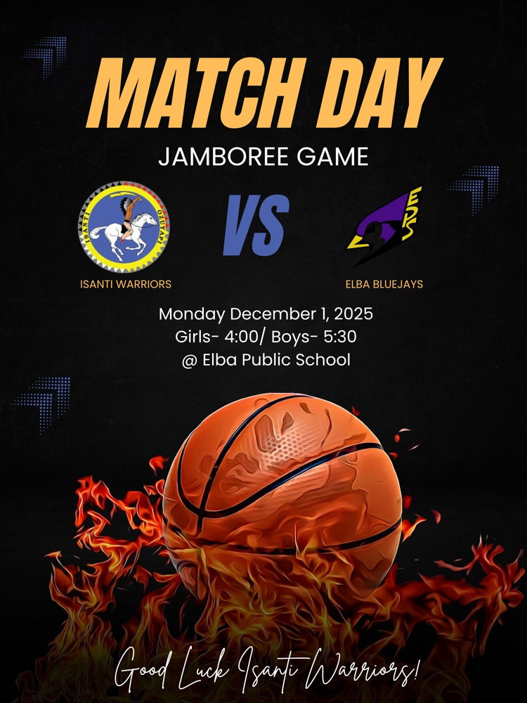 black background with a basketball with flames advertising the basketball game December 1, 2025 at 4:00 and 5:30 At Elba, NE