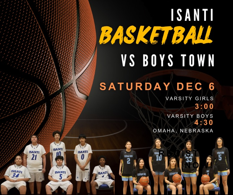 black background with a basketball hoop, basketball and boys and girls basketball teams advertising the basketball game 12/6/25 at 3 and 4:30 pm