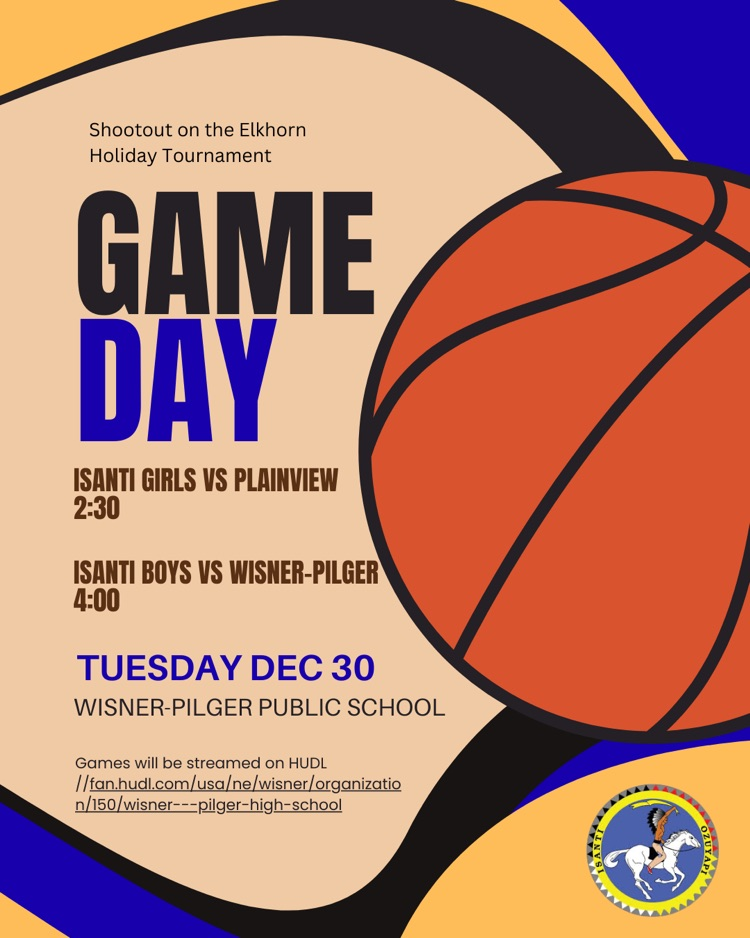 black, yellow, blue and cream background advertising girls basketball vs Plainview at 2:30 and boys basketball vs wisner-pilget at 4:00 pm on December 30th at Wisner Public School