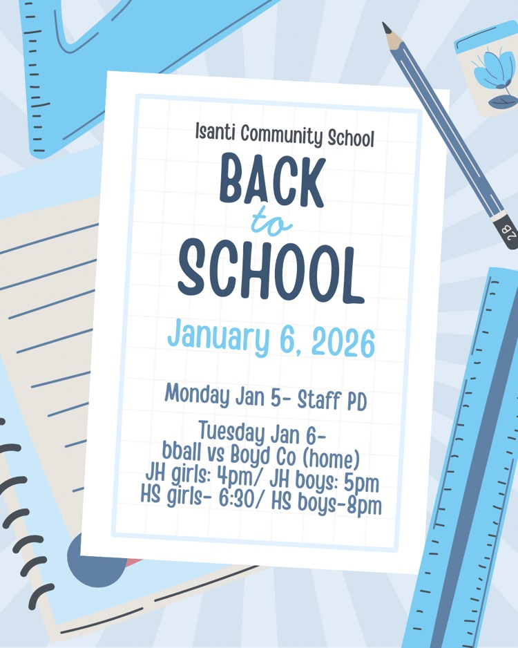 poster reminder with blue and white background with a notebook and ruler reminding families that school resumes January 6 and January 5 is staff PD