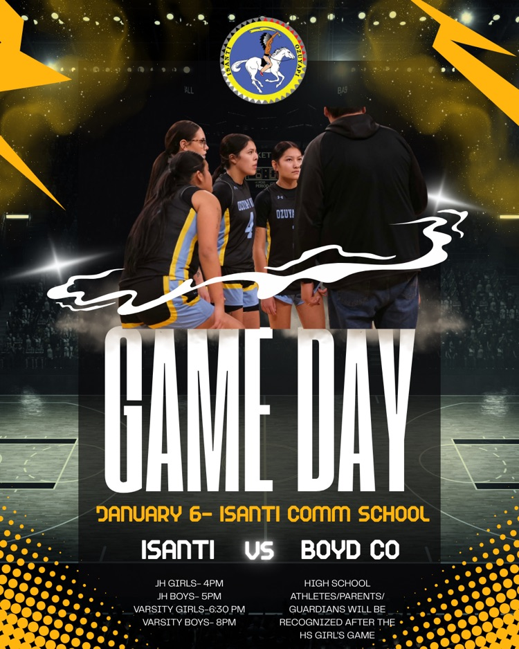 black and yellow poster with the girls basketball team advertising the January 6, 2026 game vs Boyd County. game times 4:00/5:00/6:30/8:00pm