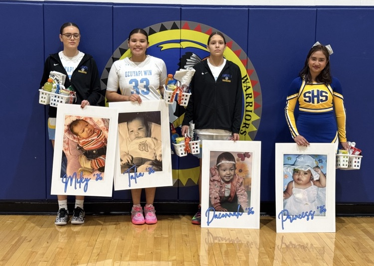 photo of our 4 senior athletes with a blue background and santee school logo. seniors are holding their baby pictures. 