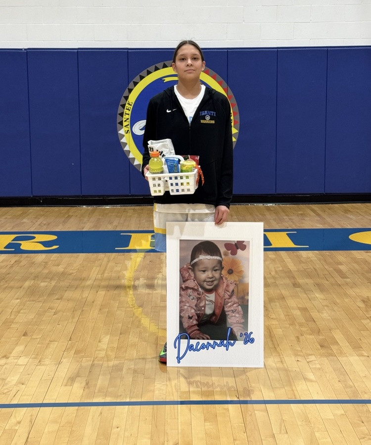 photo of our 4 senior athletes with a blue background and santee school logo. seniors are holding their baby pictures
