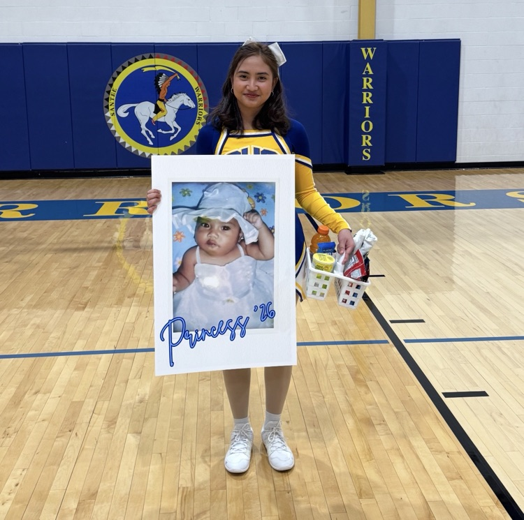 photo of our 4 senior athletes with a blue background and santee school logo. seniors are holding their baby pictures