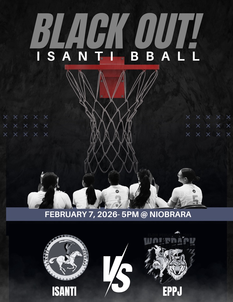 black background with a basketball hoop and the girls bball team. they have white jerseys on. advertising 5pm game vs EPPJ in niobrara 2/7/26