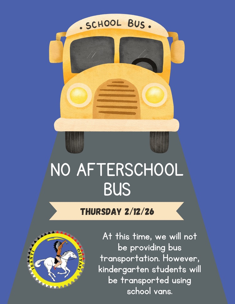 blue background with a school bus posting about no afterschool bus on 2/12/26