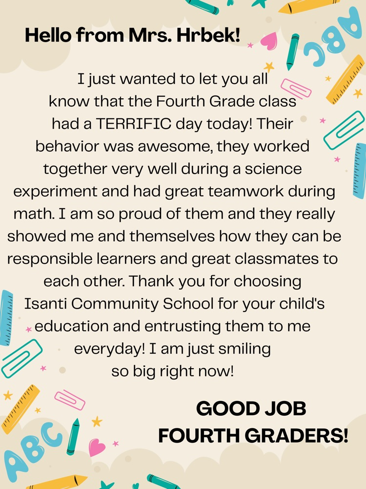 school note home from the 4th grade teacher that her students did a great job in class today. background is tan with letters, pencils, crayons and paper clips