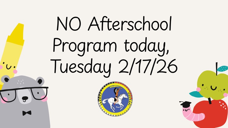 school post for no after school program 2/17/26. white background with school closet, apple, little gray anima with glasses