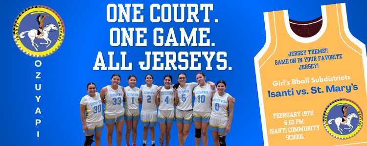 blue background with the basketball team in white jerseys. advertising the basketball game on 2/19/26 at 6pm.