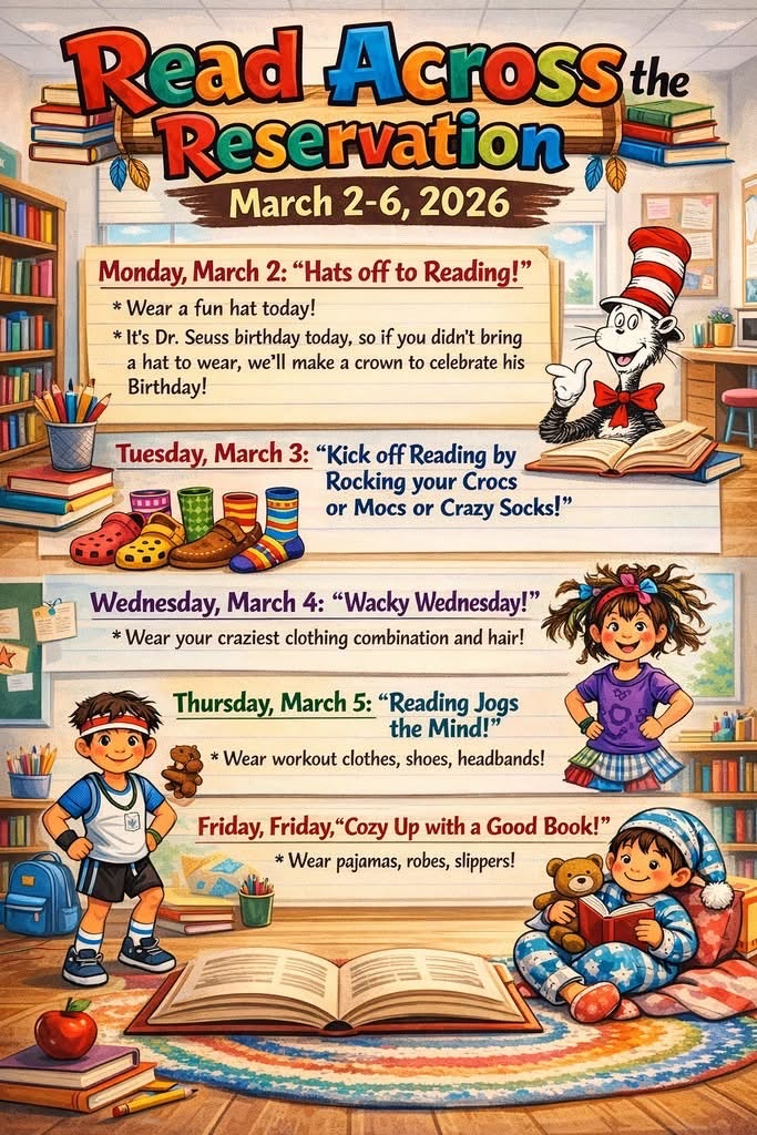 colorful picture of an animated library, books and children to promote Read Across the Reservation week.