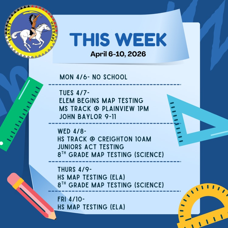 blue background with math tools (rulers, pencils, protractor) giving dates for testing for students. April 6-10, 2026