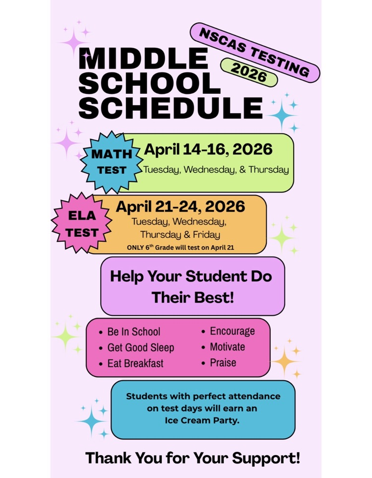 colorful poster regarding MAP testing for middle school students. testing April 14-16 and April 21-24.