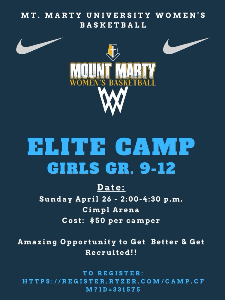 blue background poster for the Elite camp for grades 9-12 basketball. April 26th 2:00-4:30pm. sponsored by Mt Marty 