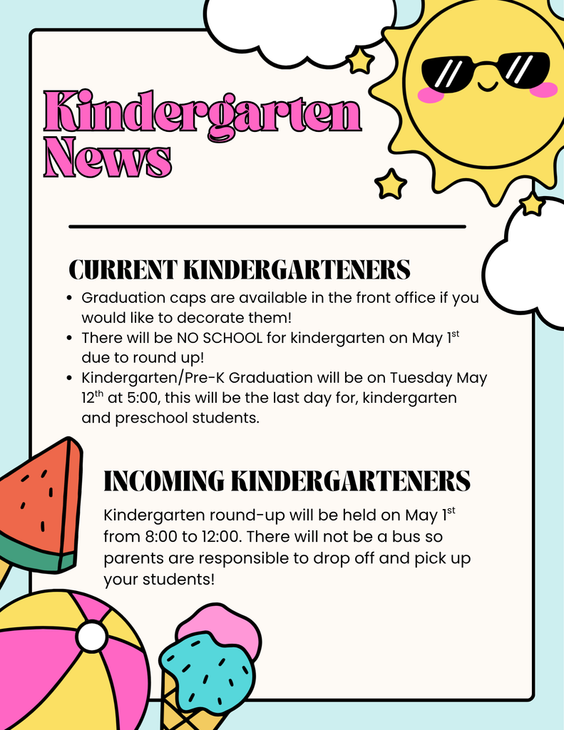 A digital flyer titled 'Kindergarten News' featuring a summer theme with illustrations of a smiling sun wearing sunglasses, a beach ball, a watermelon slice, and an ice cream cone.  The flyer lists the following information: For Current Kindergartners:  Graduation caps are available in the front office to decorate.  There is no school on May 1st due to Round Up.  Kindergarten/Pre-K Graduation is on Tuesday, May 12th at 5:00 PM, which is the last day for these students.  For Incoming Kindergartners:  Kindergarten round-up is held on May 1st from 8:00 AM to 12:00 PM.  No bus service will be provided; parents are responsible for transportation.