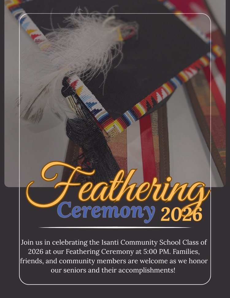 image with a black graduation cap with an eagle feather attached to it. feathering ceremony 2026. 5pm at Isanti community school