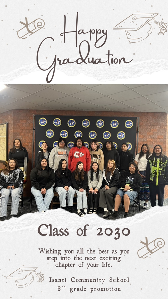Photo of 8th grade students (15) standing in front of a black background with the man on a horse Isanti school logo. Post says Happy Graduation class of 2030. Isanti community school 8th grade promotion.