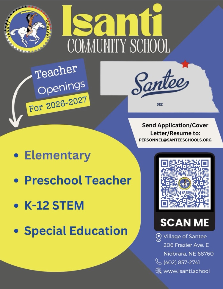 This is a recruitment flyer for Isanti Community School advertising teacher openings for the 2026–2027 school year. The flyer uses the school colors of yellow, royal blue, gray, black, and white with a modern geometric design.