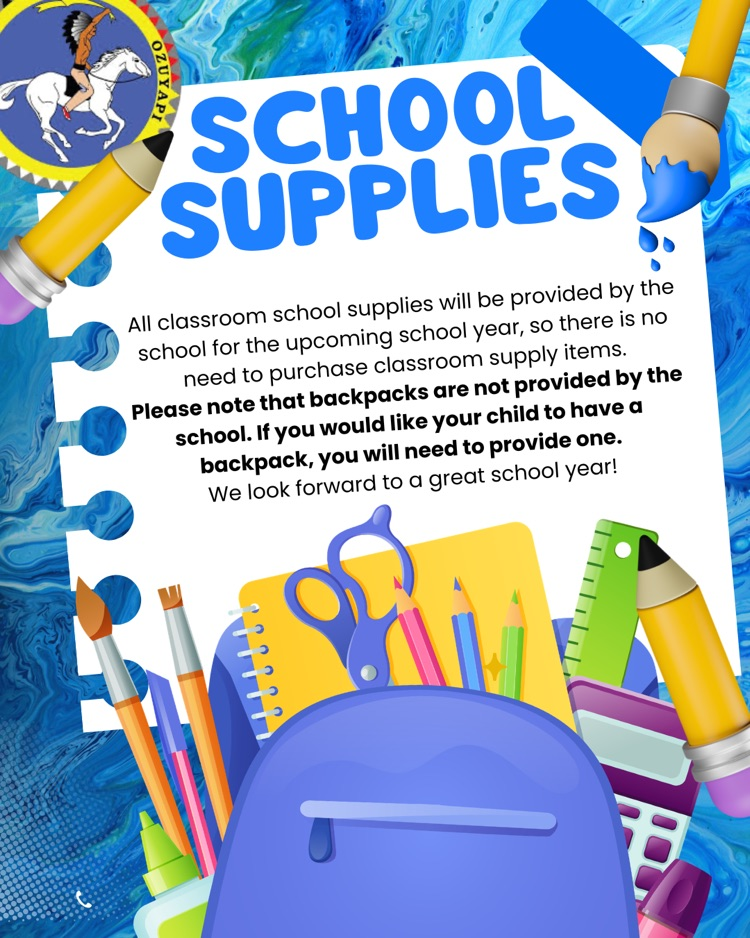 Blue background with a blue backpack filled with school supplies- making a post that school supplies will be provided by the school. (Isanti Community School) 