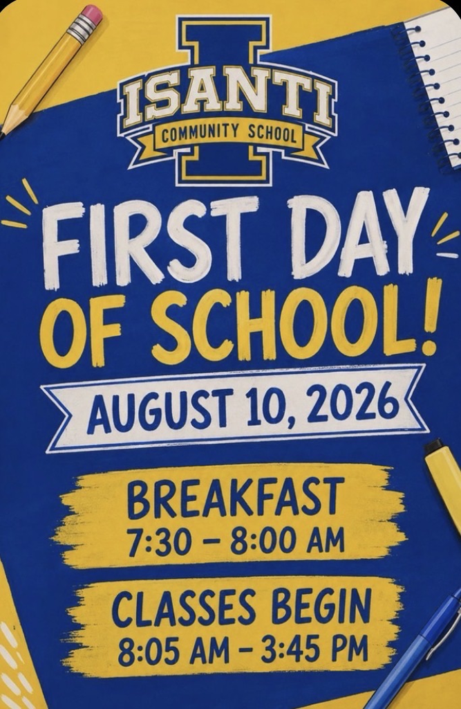 blue and yellow background with white font “First Day of School’ August 10, 2026