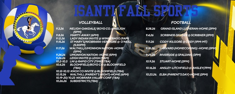 black, yellow and blue background with a football player and a volleyball player with a schedule of our football and volleyball games for the fall season