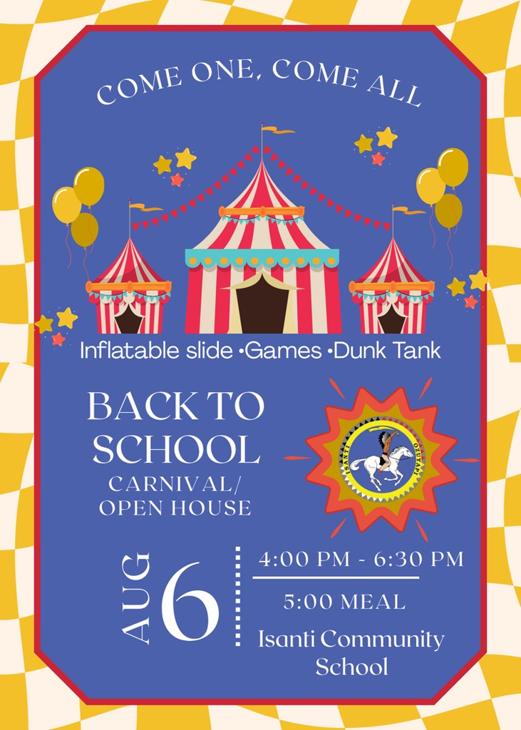 blue, yellow and white background with a circus tent for the back to school carnival August 6, 2026. 4-6:30pm