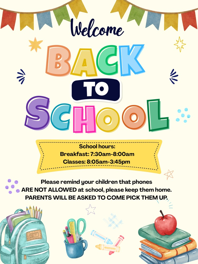 tan poster with colorful school supplies, backpack, books, an Apple advertising back to school reminders 