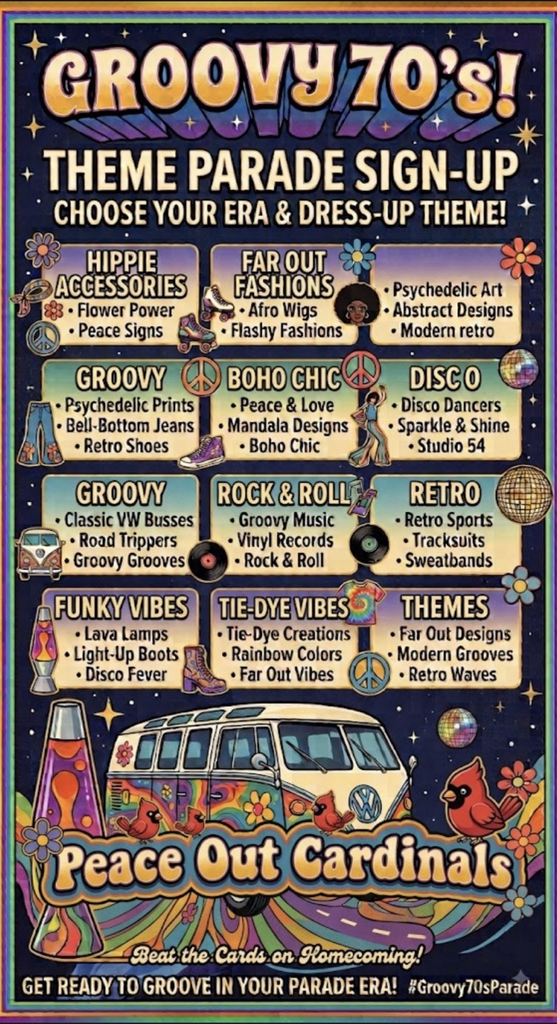 Colorful 70s theme poster with lava lamps, VW van, peace signs with the Sept 18th parade date and parade theme ideas