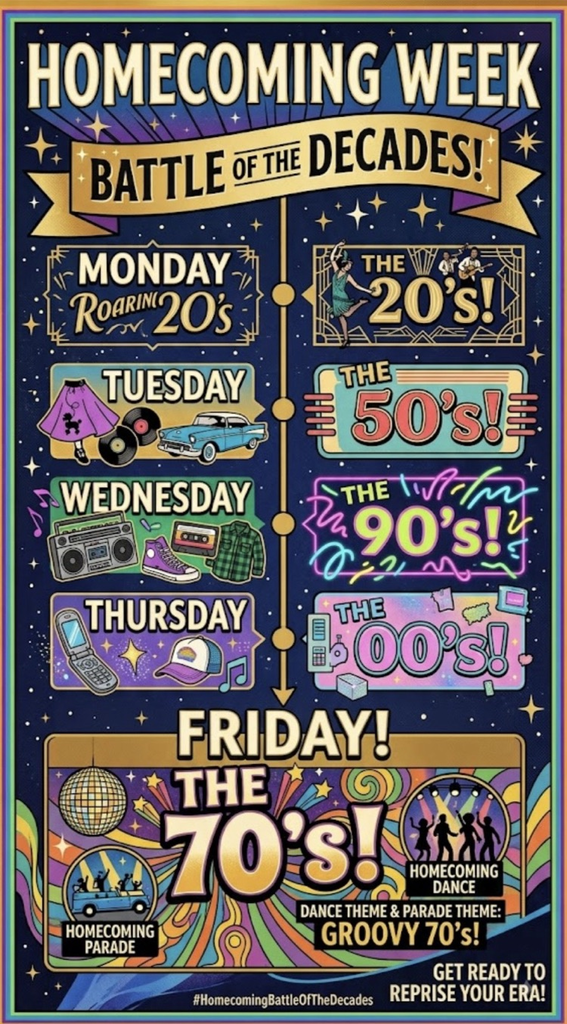 colorful decades poster. Monday 20’s era. Tuesday 50’s. Wednesday 90’s. Thursday 00’s. Friday 80’s