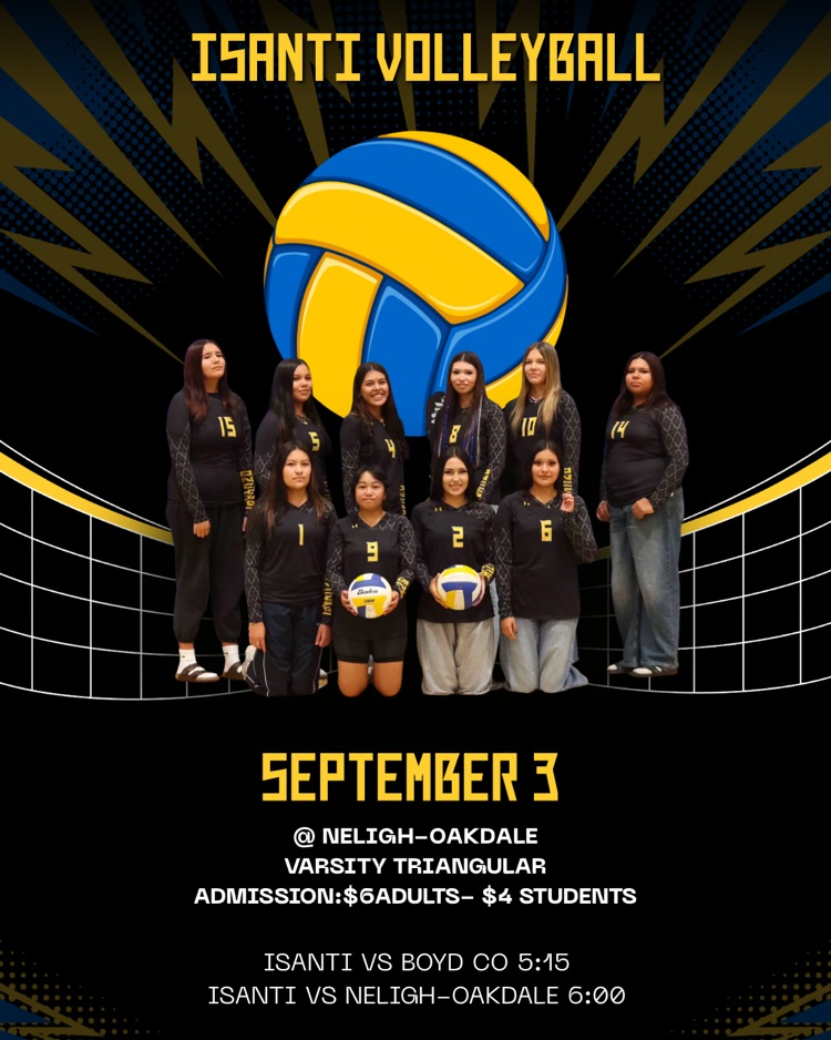 black background with a blue and yellow volleyball and our team in their black jerseys for the 9/3/26 game. 5:15 and 6:00 game times at Neligh. 