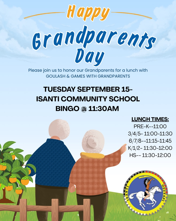 poster for Grandparents Day lunch. September 15 with Bingo at 11:30. Isanti Community School. clipart of a grandma and grandpa standing by an orange tree. 