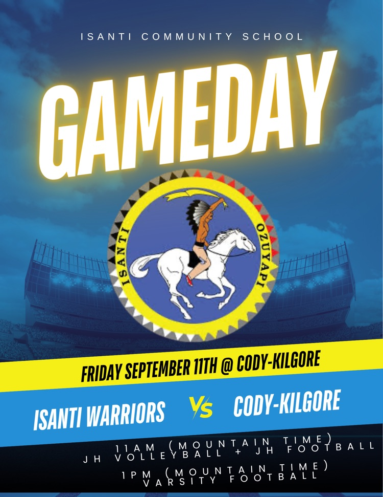 blue background picture with our school logo with a man on a horse. game day Sept 11 vs Cody Kilgore 