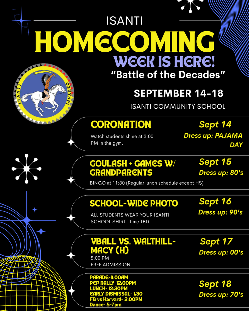 A black promotional flyer with dark blue and yellow accents announcing "Isanti Homecoming Week Is Here! 'Battle of the Decades'" for September 14–18 at Isanti Community School. The top left includes the Isanti school logo featuring a Native American rider on a white horse. Abstract retro geometric graphics (line-art disco balls, stars, and sparkles) decorate the sides.  The schedule of daily events and dress-up themes is laid out in five main sections:  Sept 14  Dress up: Pajama Day  Coronation: 3:00 PM in the gym ("Watch students shine").  Sept 15  Dress up: 80's  Goulash + Games w/ Grandparents: Bingo at 11:30 AM (Regular lunch schedule except High School).  Sept 16  Dress up: 90's  School-Wide Photo: All students wear your Isanti school shirt (time TBD).  Sept 17  Dress up: 00's  Vball vs. Walthill-Macy (H): 5:00 PM (Free Admission).  Sept 18  Dress up: 70's  Events Schedule:  Parade: 11:00 AM  Pep Rally: 12:00 PM  Lunch: 12:30 PM  Early Dismissal: 1:30 PM  FB vs Harvard: 2:00 PM  Dance: 5:00 PM – 7:00 PM
