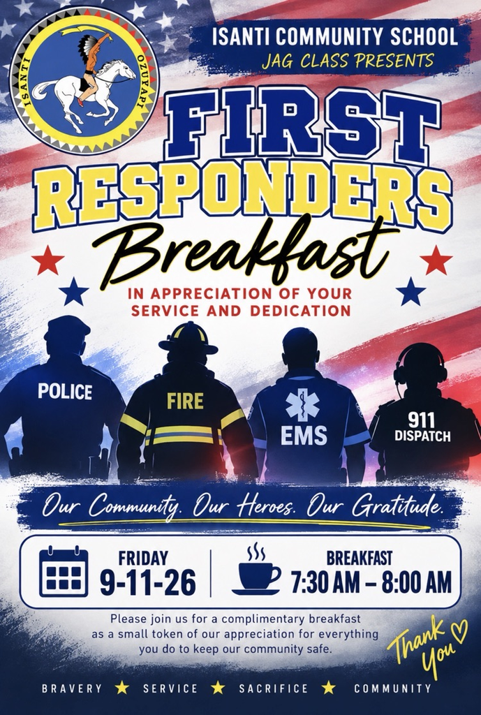 red, white and blue poster with a flag and first responders in the background. first responder breakfast 9-11 at 7:30am