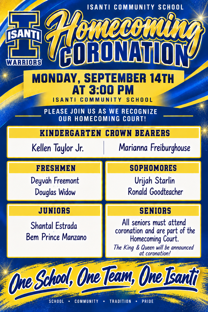 Blue and yellow Homecoming coronation poster with Homecoming court names and date 9-14-26 at 3pm